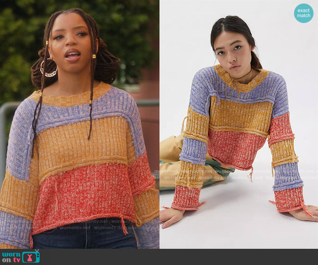 Kimchi Blue Harvest Patchwork Sweater worn by Jazlyn Forster (Chloe Bailey) on Grown-ish
