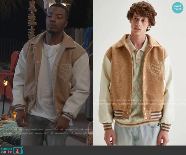 Standard Cloth Marled Melton Varsity Jacket worn by Spencer James (Daniel Ezra) on All American