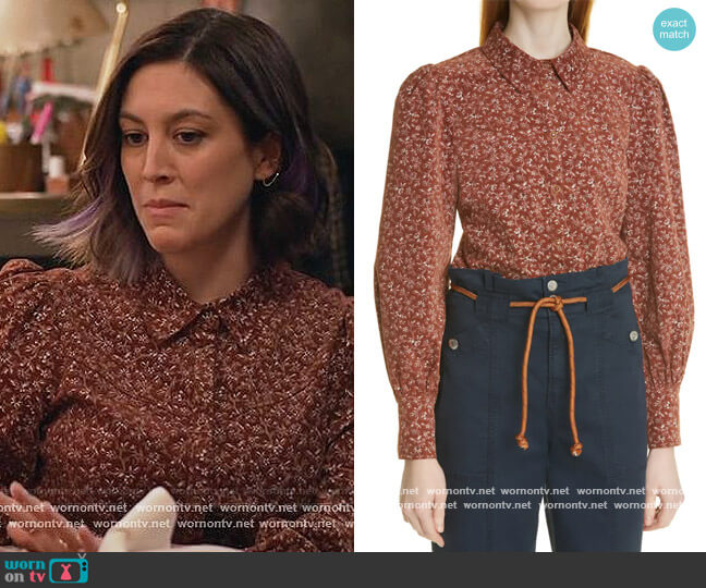 Veronica Beard Moore Puff Sleeve Button-Up Shirt worn by Sarah (Caitlin McGee) on Home Economics