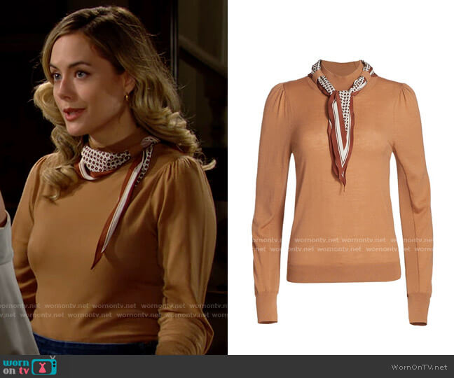 Veronica Beard Essenza Wool Tie Sweater worn by Hope Logan (Annika Noelle) on The Bold and the Beautiful
