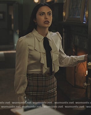 Veronica’s white ruffle tie neck blouse on Riverdale