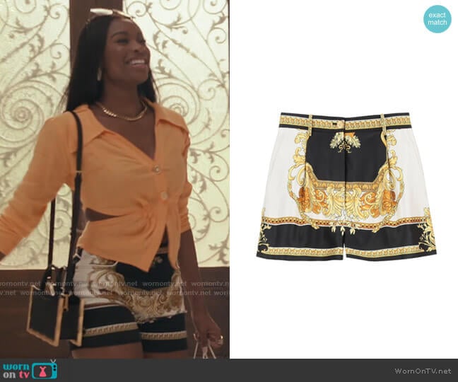Versace Medusa Renaissance Print Shorts worn by Hilary Banks (Coco Jones) on Bel-Air