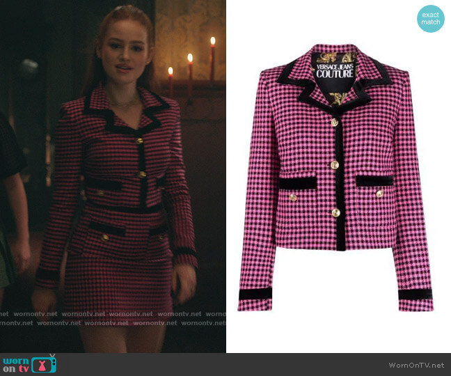 Versace Checked Decorative Button Jacket worn by Cheryl Blossom (Madelaine Petsch) on Riverdale