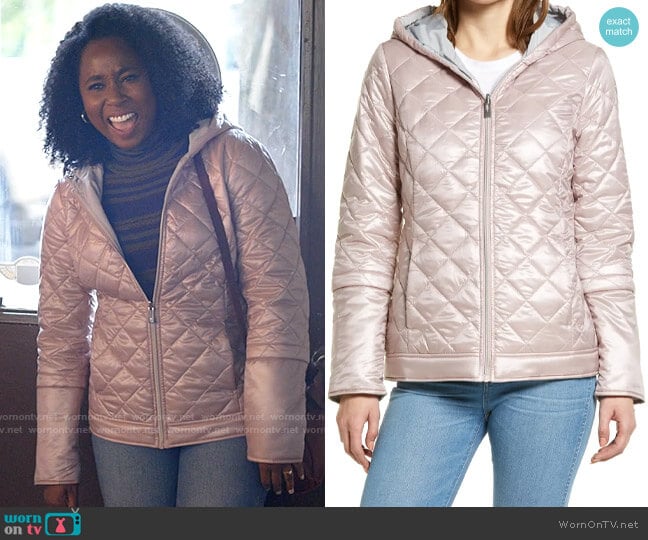 Via Spiga Reversible Hooded Puffer Jacket in Light Pink worn by Brit Monclair (Sasha Compère) on Single Drunk Female
