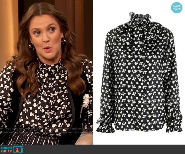 Victoria Beckham Fruit Pink Silk Blouse worn by Drew Barrymore on The Drew Barrymore Show