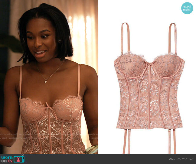 Victorias Secret Allure Shimmer Bustier with Garters worn by Hilary Banks (Coco Jones) on Bel-Air