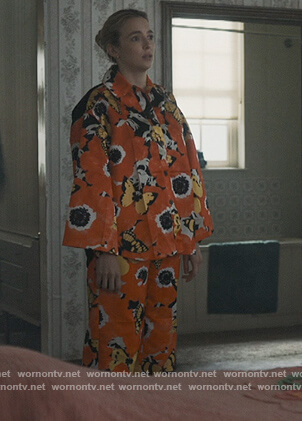 Villanelle’s red floral print jacket and pants on Killing Eve