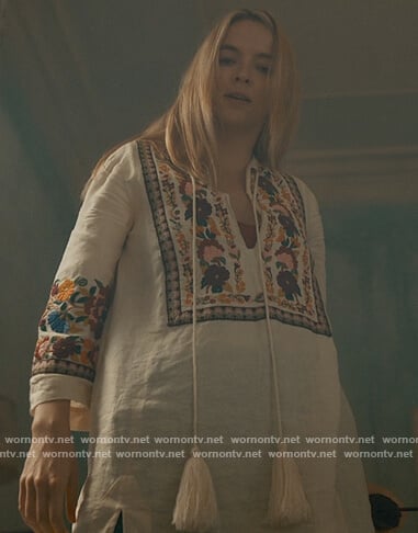 Villanelle’s white floral embroidered kaftan on Killing Eve