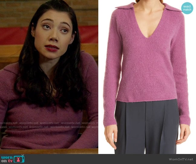 Vince Brushed Polo Sweater in Hollyhock worn by Violet Mikami (Hanako Greensmith) on Chicago Fire