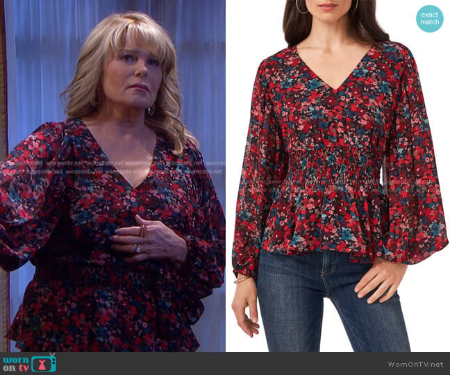 Vince Camuto Floral Smocked Waist Top worn by Bonnie Lockhart (Judi Evans) on Days of our Lives