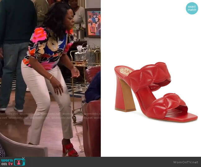 Vince Camuto Renneya Block Heel Sandal in Cherry Berry worn by Tina Butler (Tichina Arnold) on The Neighborhood