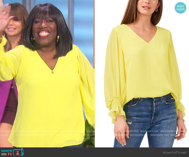 Vince Camuto Smocked-Cuff Top worn by Sheryl Underwood on The Talk
