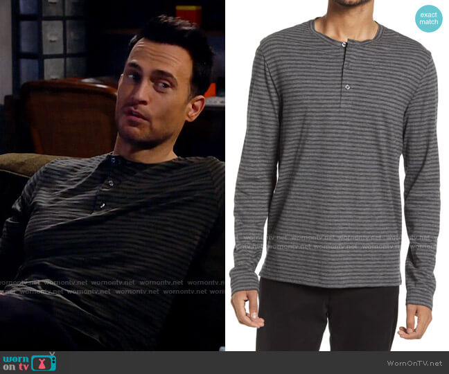 Vince Stripe Slub Cotton Long Sleeve Henley in Medium Heather Grey / Black worn by Max (Cheyenne Jackson) on Call Me Kat
