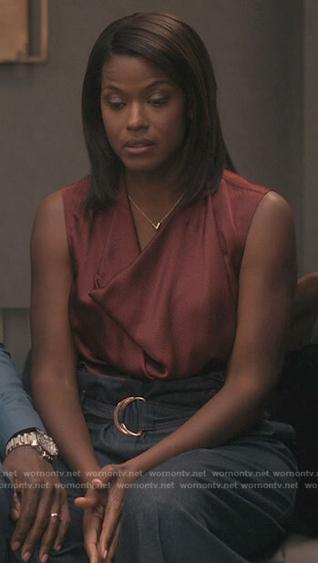 Viv’s red sleeveless cowl neck blouse on Bel-Air