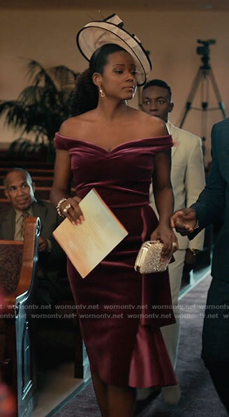 Viv’s velvet off-shoulder dress on Bel-Air