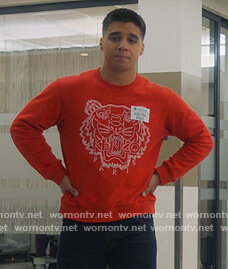 Vivek’s red tiger embroidered sweatshirt on Grown-ish