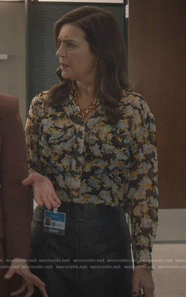 Vivian’s floral button down blouse on Good Sam