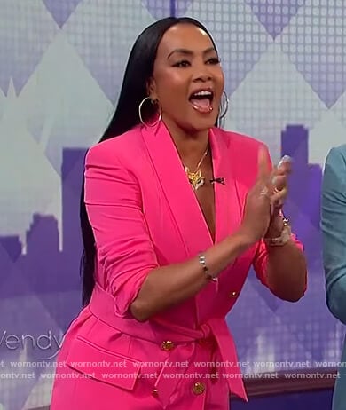 Vivica A Fox’s pink tie waist blazer on The Wendy Williams Show