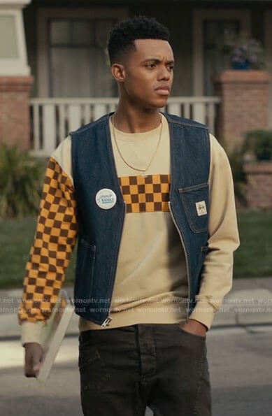 Will’s checkerboard sweatshirt and denim vest on Bel-Air