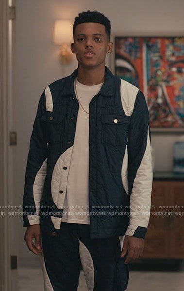 Will’s navy and white colorblock quilted jacket and pants set on Bel-Air