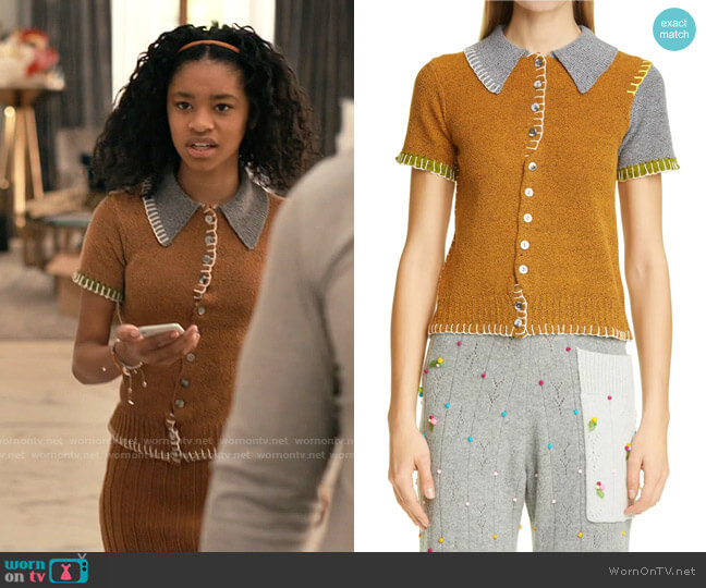 YanYan Tweedle Short Sleeve Cardigan in Ochre worn by Ashley Banks (Akira Akbar) on Bel-Air