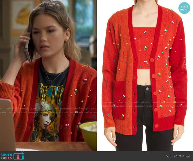 YanYan Rosie Grandpa Oversize Lambswool Cardigan in Tomato worn by Orly Bremer (Kyla Kenedy) on Mr Mayor