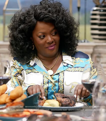 Yvette’s printed satin shirt on The Kings of Napa