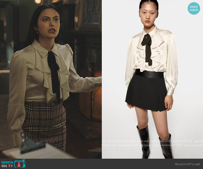 Zara Ruffle Front with Contrasting Collar Blouse worn by Veronica Lodge (Camila Mendes) on Riverdale