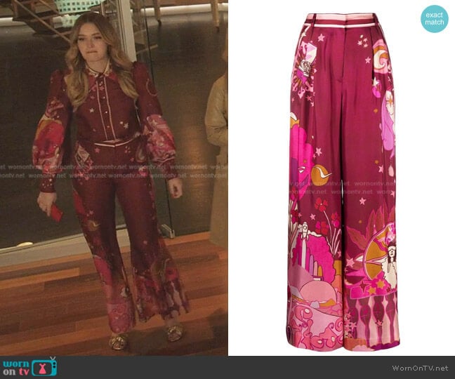 Zimmermann Patterned Wide-Leg Trousers worn by Kirby Anders (Maddison Brown) on Dynasty