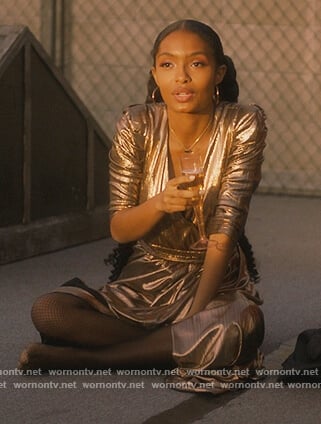 Zoey’s gold metallic wrap dress on Grown-ish