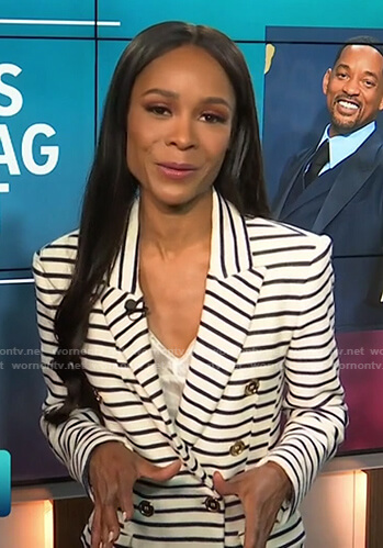 Zuri’s white striped blazer on Access Hollywood