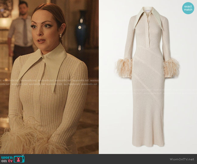16Arlington Dana Boa Leather and Feather-Trimmed Ribbed-Knit Maxi Dress worn by Fallon Carrington (Elizabeth Gillies) on Dynasty
