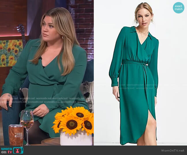 Asos Collared Wrap Midi Dress with Tie Belt worn by Kelly Clarkson on The Kelly Clarkson Show