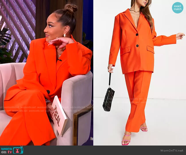 Asos Pop Boy Suit Blazer in bright orange worn by Adrienne Houghton on The Real