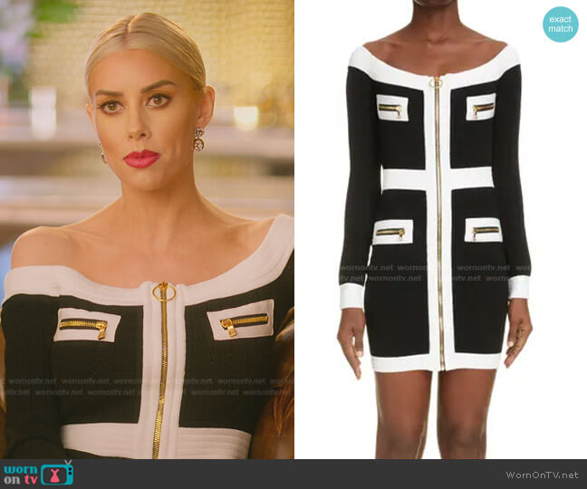 Balmain Off Shoulder Square Knit Dress worn by Heather Rae Young on Selling Sunset