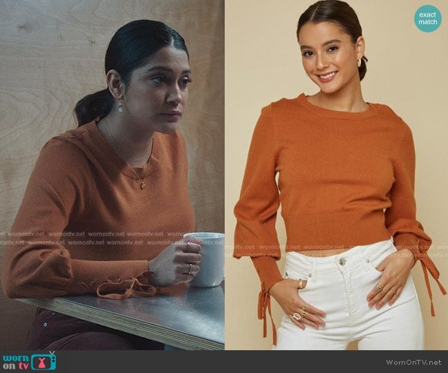 Blue Blush Lace Up Sleeve Sweater worn by Padma (Aneesha Joshi) on The Resident