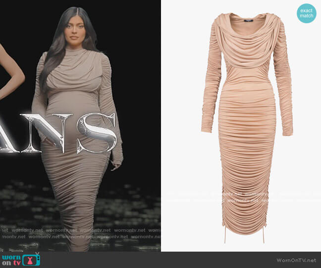 Balmain Mid-length beige jersey hooded dress worn by Kylie Jenner (Kylie Jenner) on The Kardashians