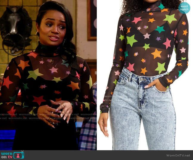 Be Proud by BP. Gender Inclusive Print Mesh Turtleneck Top worn by Randi (Kyla Pratt) on Call Me Kat