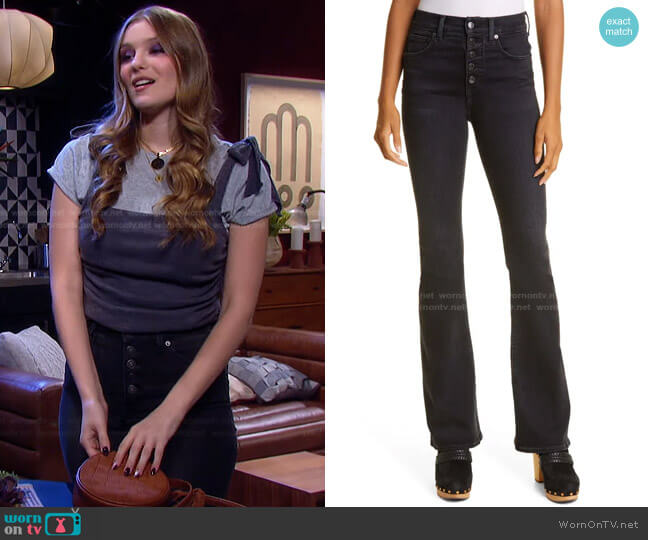 Veronica Beard Beverly Exposed Button Skinny Flare Jeans worn by Alice Caroline Horton (Lindsay Arnold) on Days of our Lives