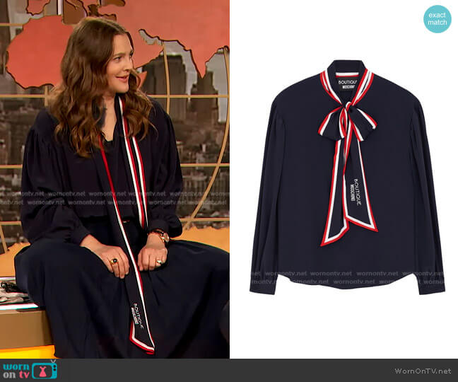Boutique Moschino Pussybow-Collar Longsleeved Top worn by Drew Barrymore on The Drew Barrymore Show