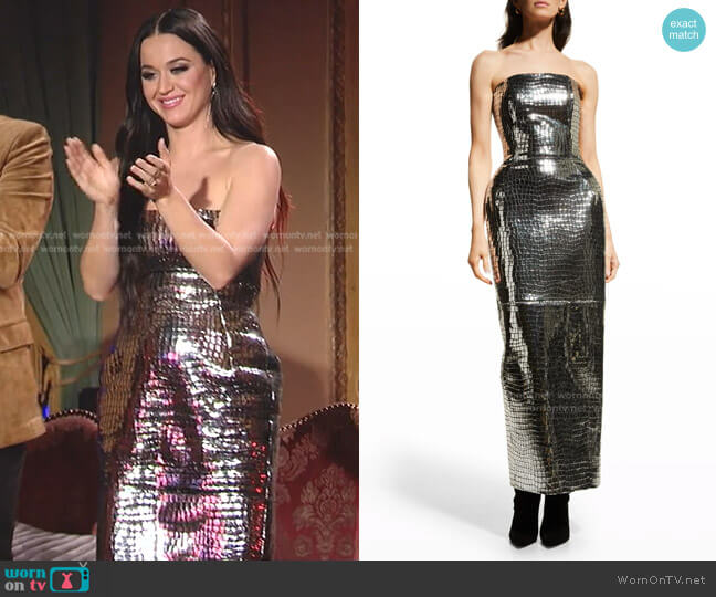 Brandon Maxwell Metallic Croc-Embossed Leather Maxi Dress worn by Katy Perry on American Idol