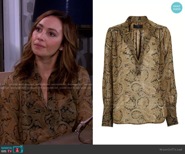 Nili Lotan Colleen Silk Popover Blouse worn by Gwen Rizczech (Emily O'Brien) on Days of our Lives
