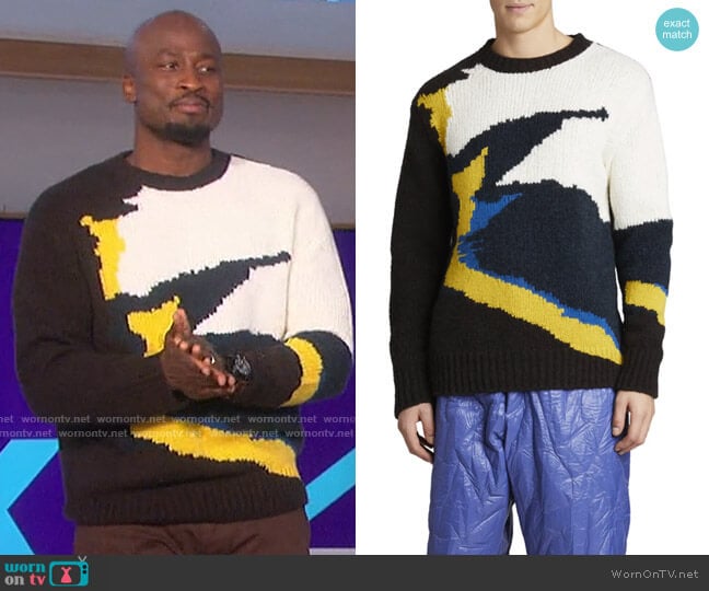 Dries Van Noten Tictoc Multicolor Knit Sweater worn by Akbar Gbajabiamila on The Talk