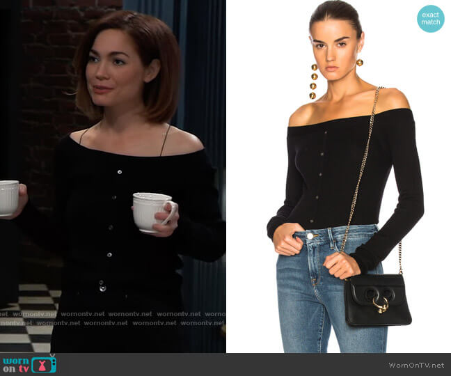 Frame Denim Off The Shoulder Cardigan worn by Elizabeth Webber (Rebecca Herbst) on General Hospital