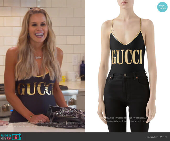 Gucci Metallic Logo One-Piece Swimsuit worn by Jackie Goldschneider on The Real Housewives of New Jersey