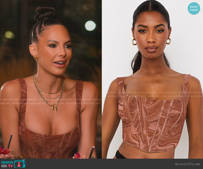 House of CB Ninetta Swirl Print Mesh Corset worn by Amanza Smith on Selling Sunset