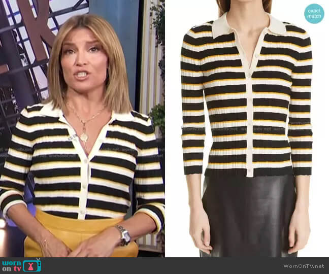 Theory Hudson Stripe Cardigan worn by Kit Hoover on Access Hollywood