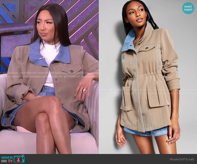 INC International Concepts Jeannie Mai X INC Mix-Media Utility Jacket worn by Jeannie Mai on The Real