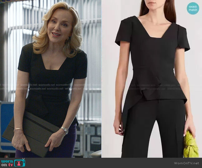 Roland Mouret Irene Asymmetric Draped Top worn by Marissa Morgan (Geneva Carr) on Bull