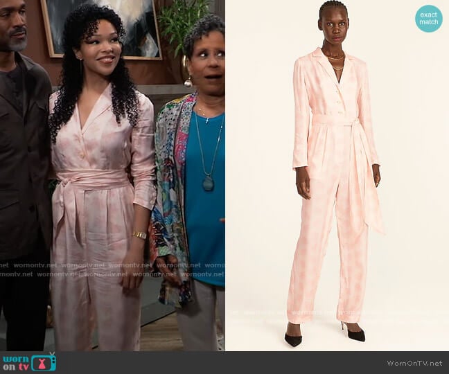 J. Crew Eco Cupro Tuxedo Jumpsuit in paisley bunch worn by Portia Robinson (Brook Kerr) on General Hospital